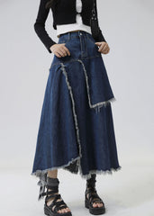 Slim Fit Navy Asymmetrical Patchwork Denim Skirt