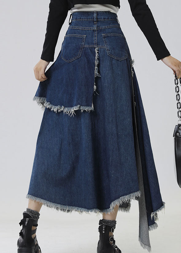 Slim Fit Navy Asymmetrical Patchwork Denim Skirt