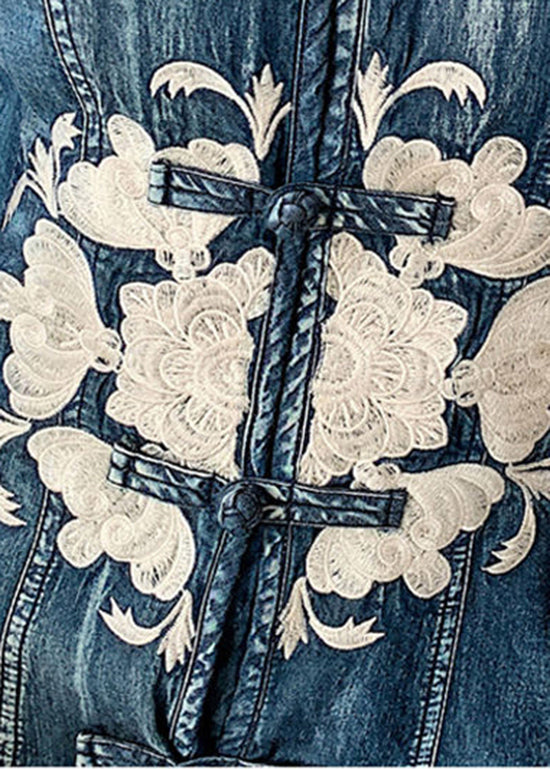 Slim Fit Navy Stand Collar Embroideried Cotton Denim Dress Long Sleeve Rae Jeans Slim Fit Navy Stand Collar Embroideried Cotton Denim Dress Long Sleeve Rae Jeans