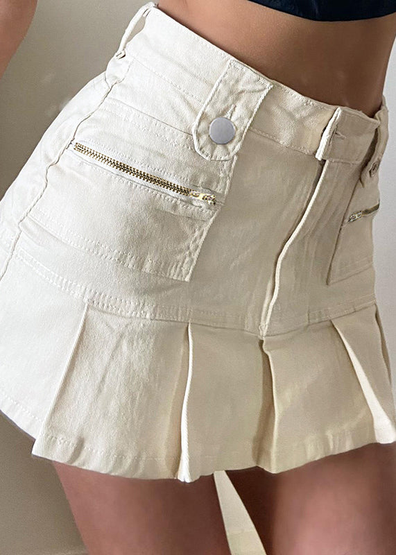 Slim Fit White Button High Waist Patchwork Denim Pleated Skirt Fall