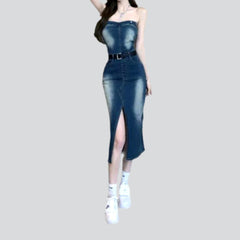 Slit sanded strapless denim dress