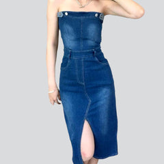 Slit strapless denim dress