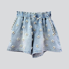 Small pearl embellished denim shorts