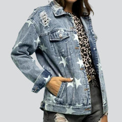 Star print distressed denim jacket