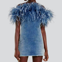 Strapless denim dress with feathers