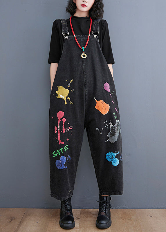 Streetwear Black painting Print Denim Jumpsuit