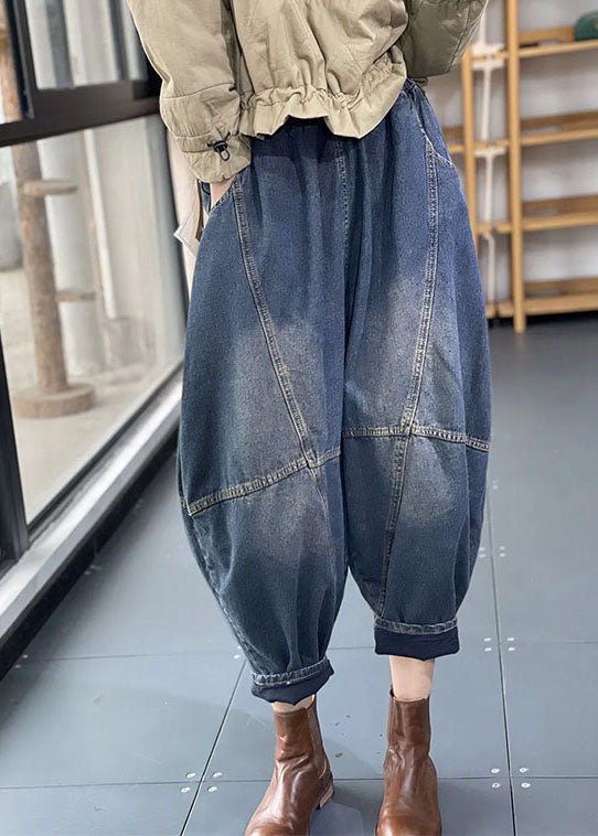 Streetwear Blue Elastic Waist Pockets Patchwork Cotton Denim Loose Harem Pants