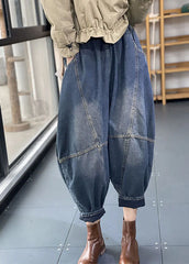 Streetwear Blue Elastic Waist Pockets Patchwork Cotton Denim Loose Harem Pants