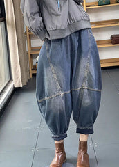 Streetwear Blue Elastic Waist Pockets Patchwork Cotton Denim Loose Harem Pants