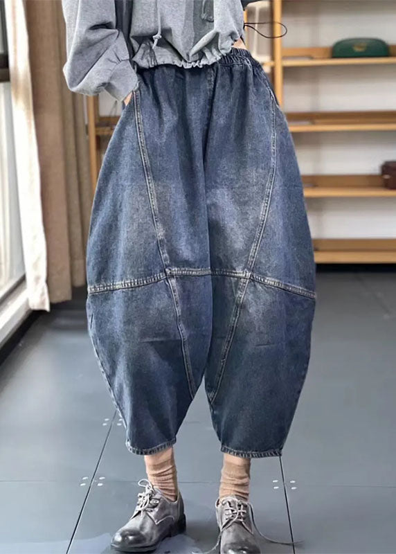 Streetwear Blue Elastic Waist Pockets Patchwork Cotton Denim Loose Harem Pants