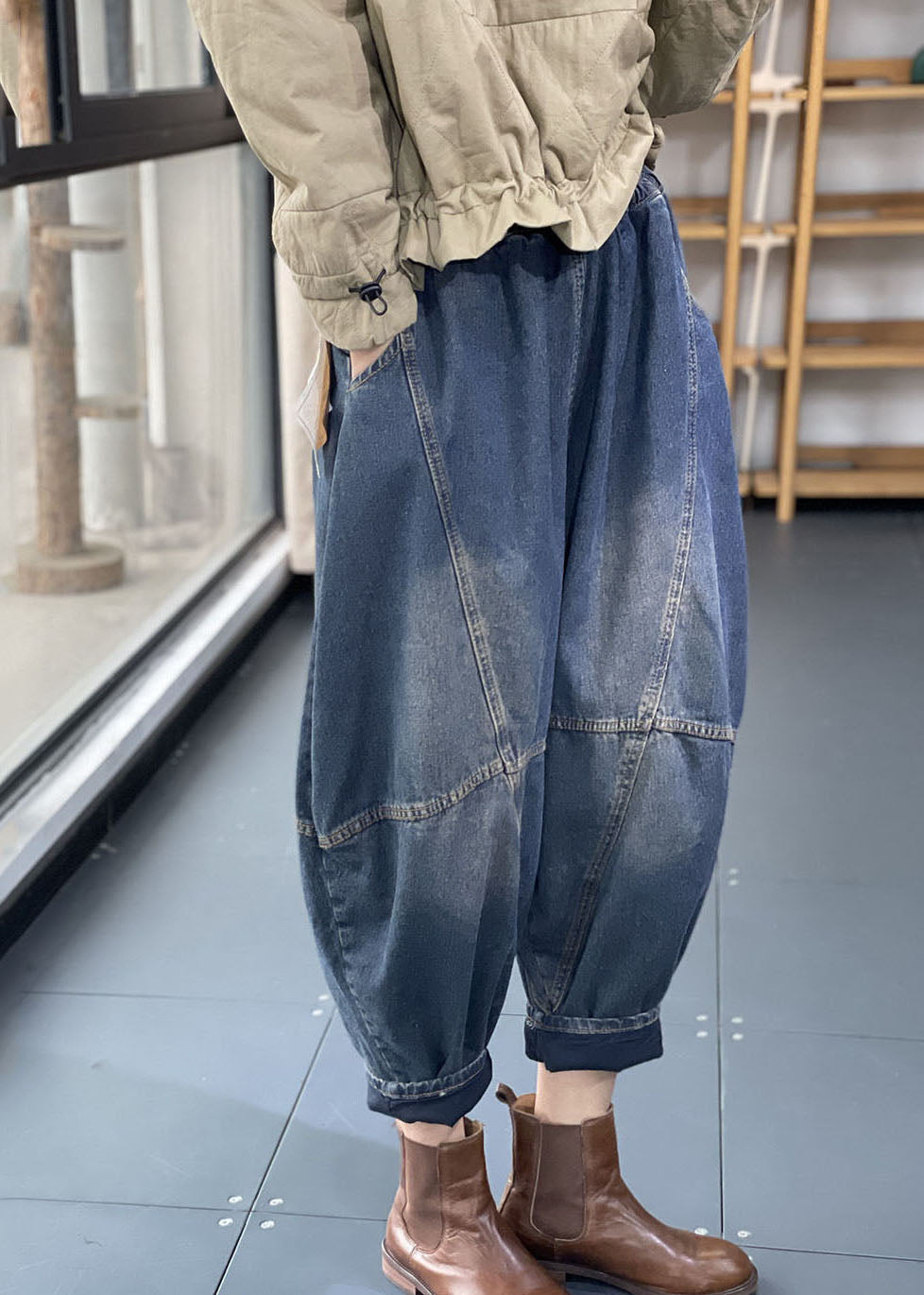 Streetwear Blue Elastic Waist Pockets Patchwork Cotton Denim Loose Harem Pants