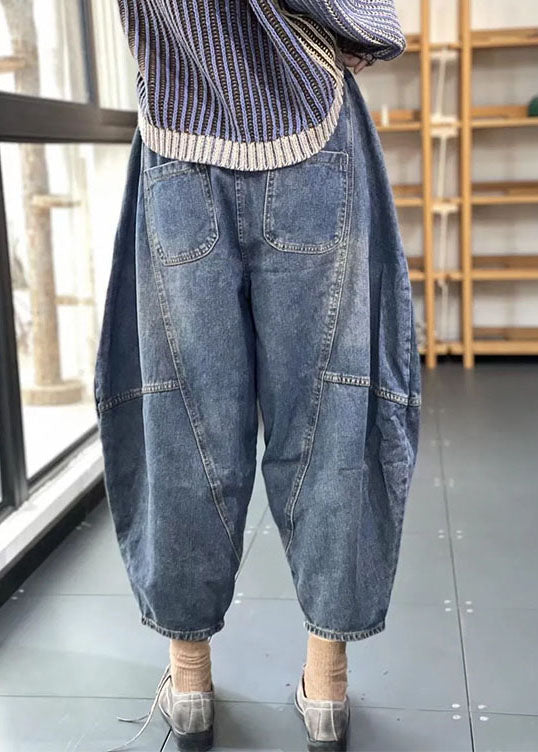 Streetwear Blue Elastic Waist Pockets Patchwork Cotton Denim Loose Harem Pants