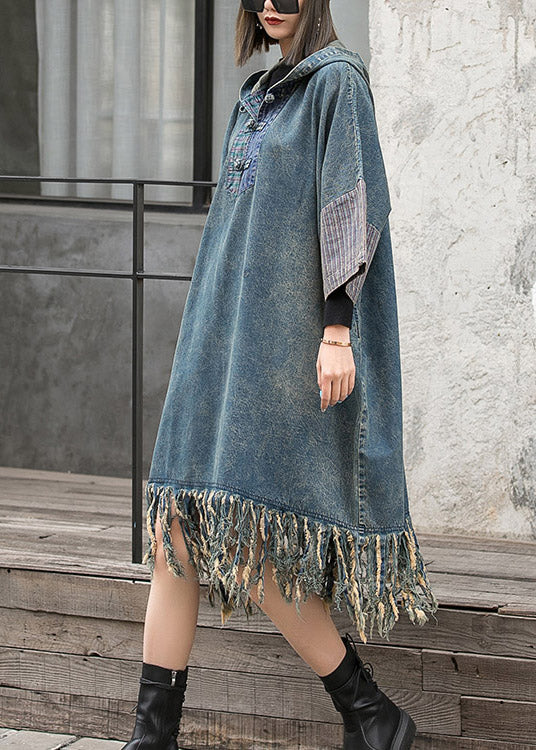 Streetwear Blue Hooded Patchwork Tasseled Denim Dress Batwing Sleeve – Rae Jeans