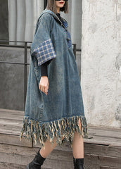 Streetwear Blue Hooded Patchwork Tasseled Denim Dress Batwing Sleeve