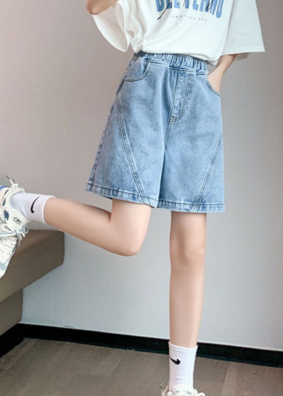 Streetwear Light Blue Elastic Waist Patchwork Cotton Denim Short Pants