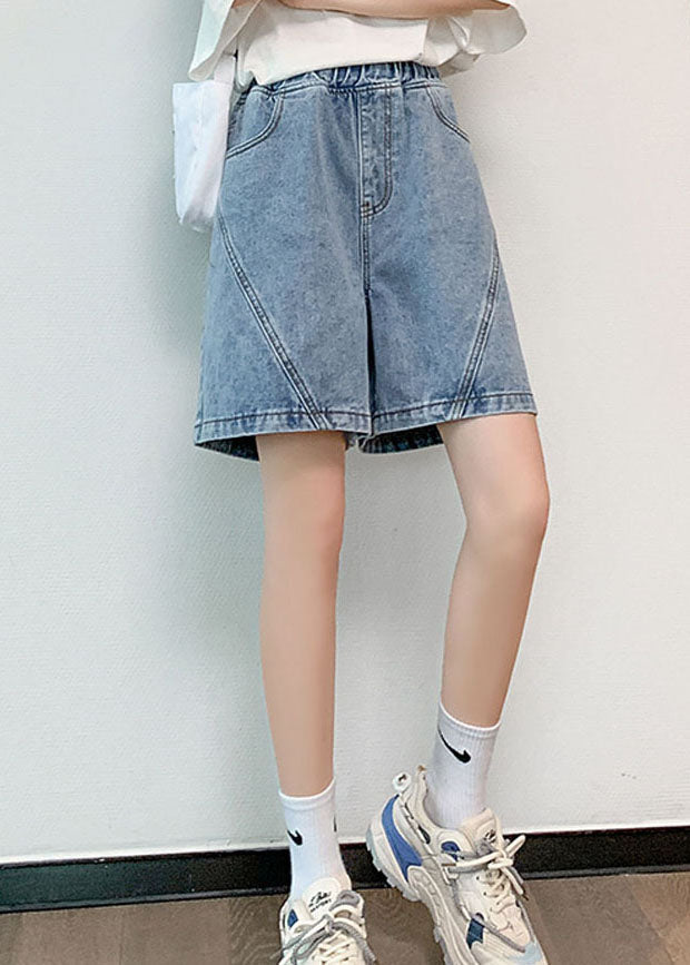 Streetwear Light Blue Elastic Waist Patchwork Cotton Denim Short Pants