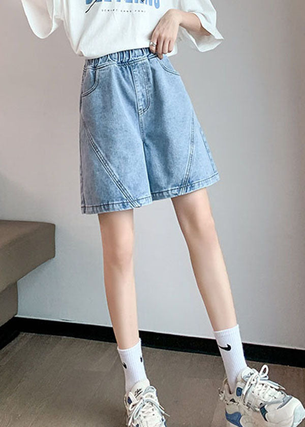 Streetwear Light Blue Elastic Waist Patchwork Cotton Denim Short Pants