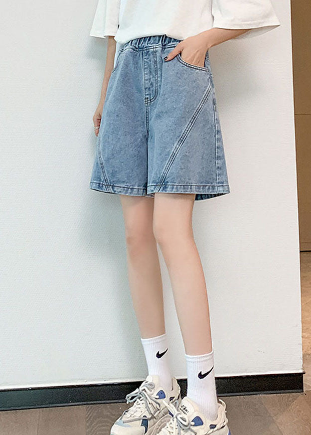 Streetwear Light Blue Elastic Waist Patchwork Cotton Denim Short Pants