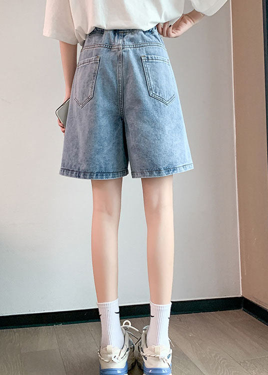 Streetwear Light Blue Elastic Waist Patchwork Cotton Denim Short Pants