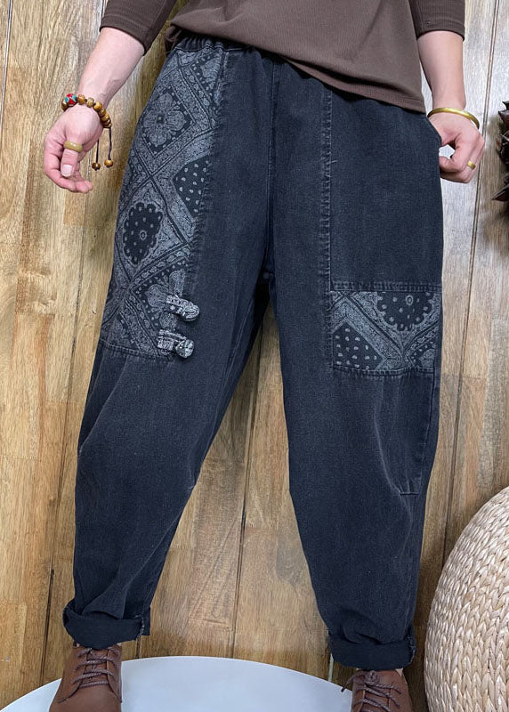 Style Black Button patch applique denim Pants