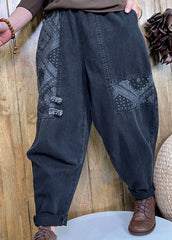 Style Black Button patch applique denim Pants