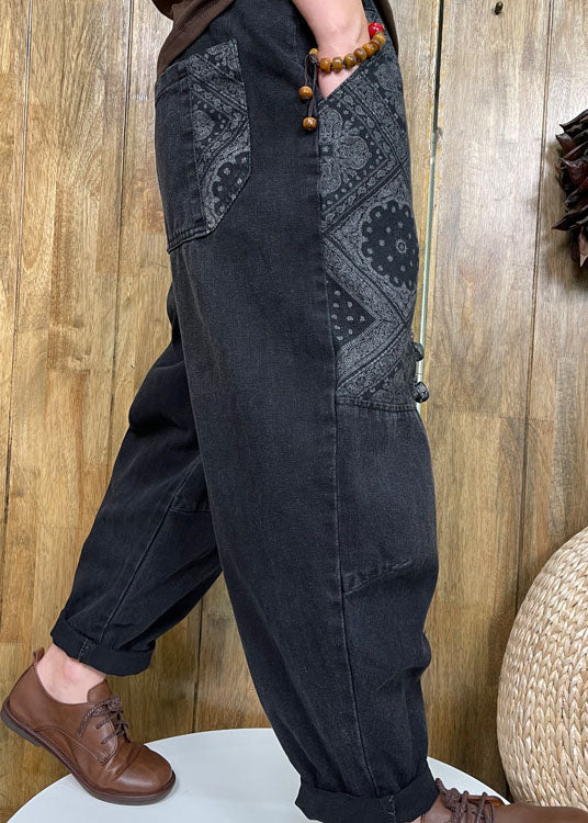 Style Black Button patch applique denim Pants