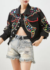 Style Black Oversized Gemstone Denim Jacket Fall