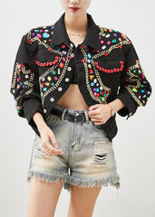 Style Black Oversized Gemstone Denim Jacket Fall