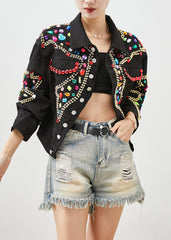 Style Black Oversized Gemstone Denim Jacket Fall