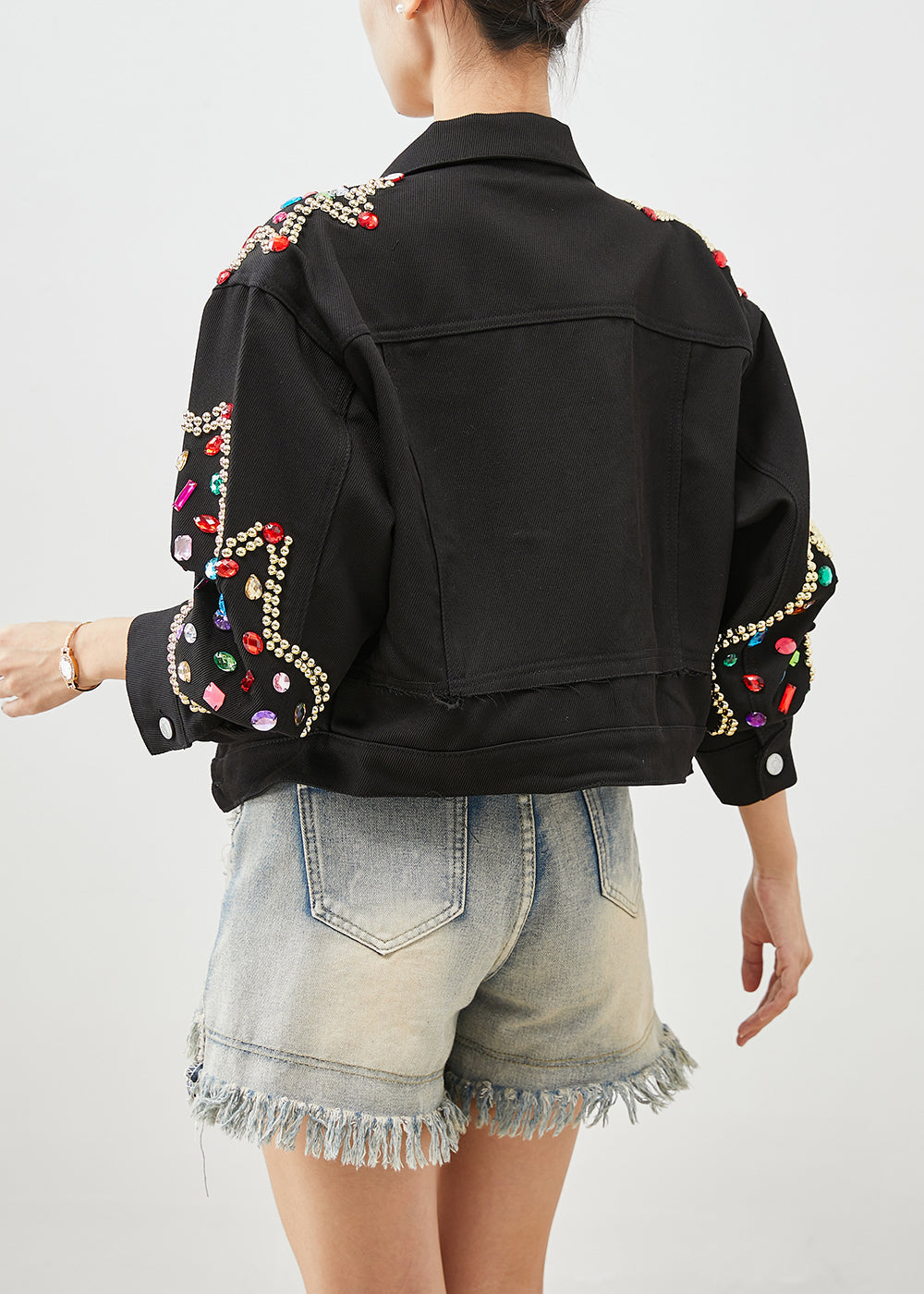 Style Black Oversized Gemstone Denim Jacket Fall