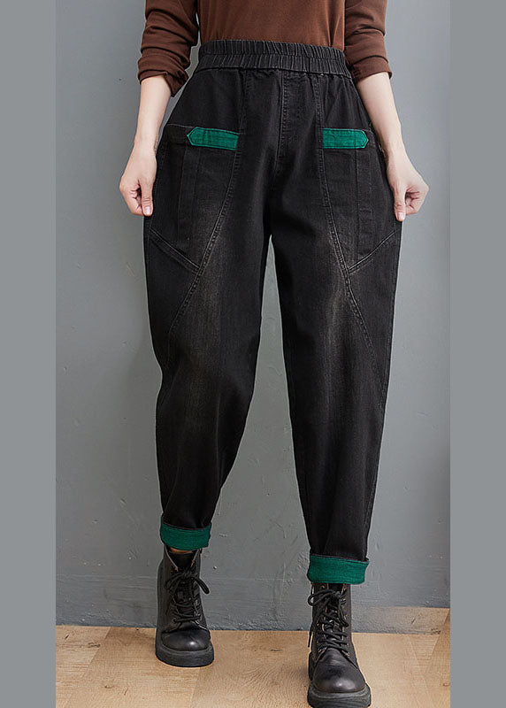 Style Black Pockets Patchwork denim Pants