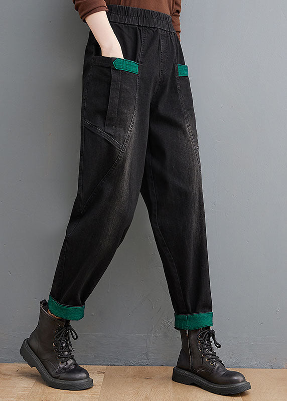 Style Black Pockets Patchwork denim Pants