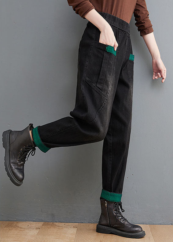 Style Black Pockets Patchwork denim Pants