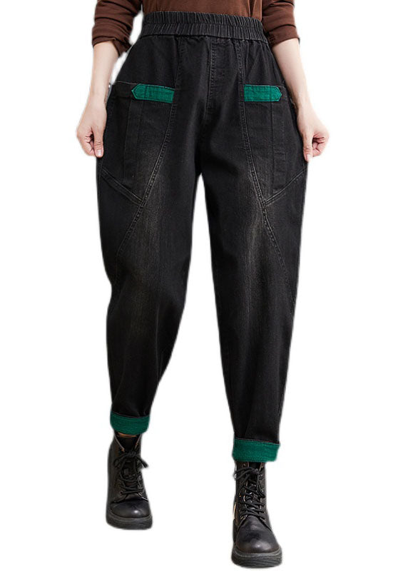 Style Black Pockets Patchwork denim Pants