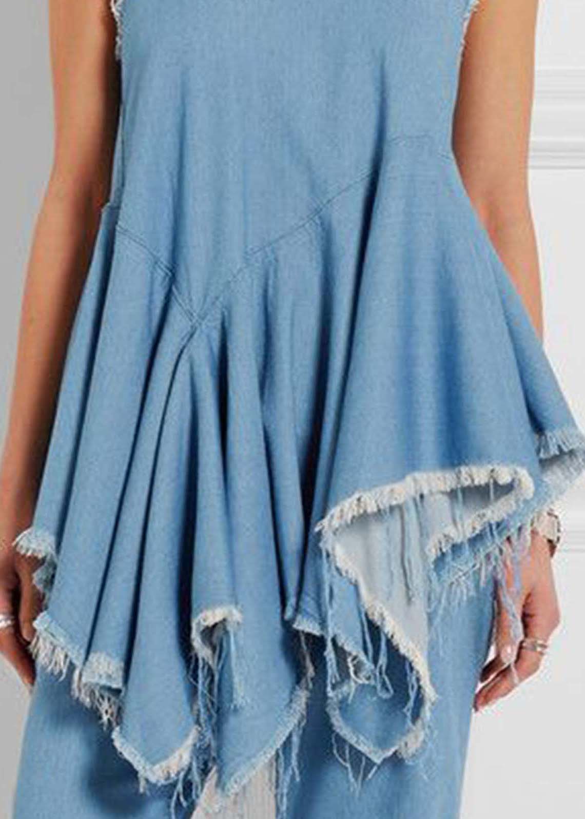 Stil Blau Asymmetrische Design Extra Große Saum Denim Westen Ärmellose