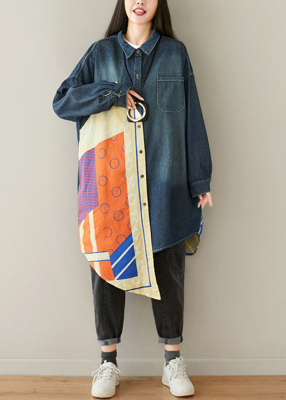 Style Blue Asymmetrical Pockets Patchwork Cotton denim Coats