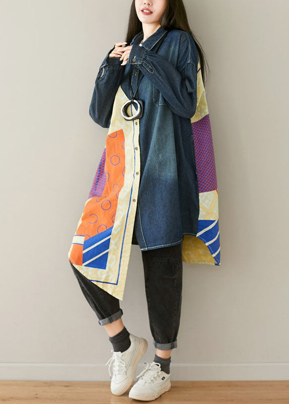 Style Blue Asymmetrical Pockets Patchwork Cotton denim Coats