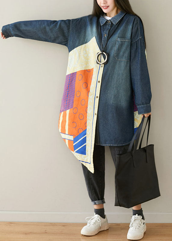 Style Blue Asymmetrical Pockets Patchwork Cotton denim Coats