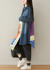 Style Blue Asymmetrical Pockets Patchwork Cotton denim Coats