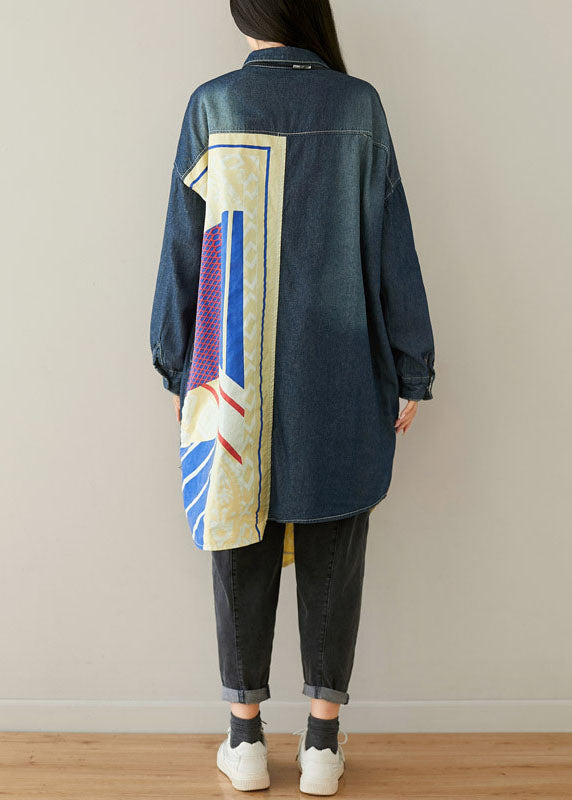 Style Blue Asymmetrical Pockets Patchwork Cotton denim Coats