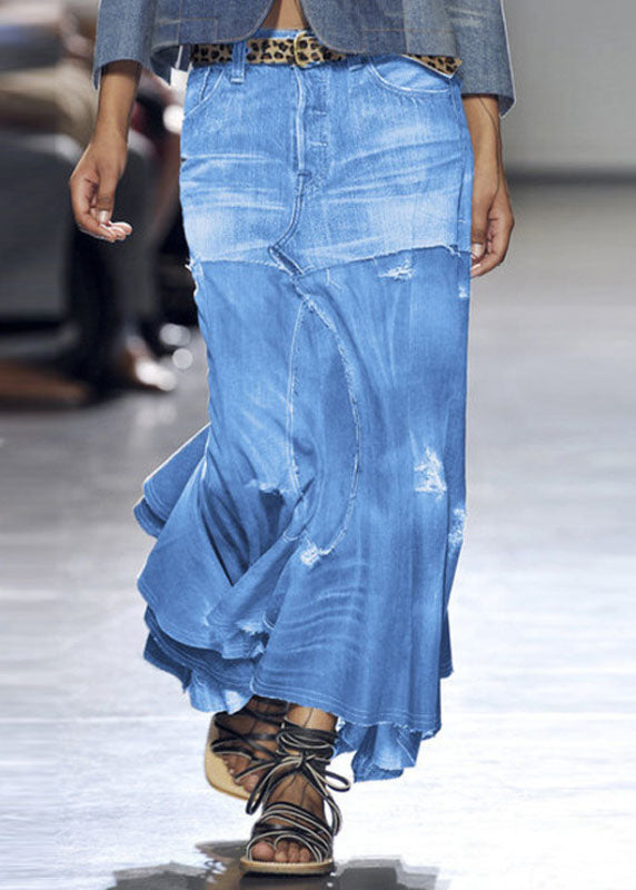 Style Blue Asymmetrical Wrinkled Pockets Patchwork Denim Skirt