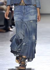 Style Blue Asymmetrical Wrinkled Pockets Patchwork Denim Skirt