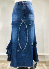 Style Blue Asymmetrical Wrinkled Pockets Patchwork Denim Skirt