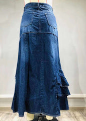 Style Blue Asymmetrical Wrinkled Pockets Patchwork Denim Skirt