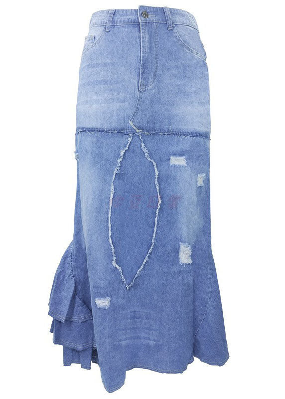 Style Blue Asymmetrical Wrinkled Pockets Patchwork Denim Skirt