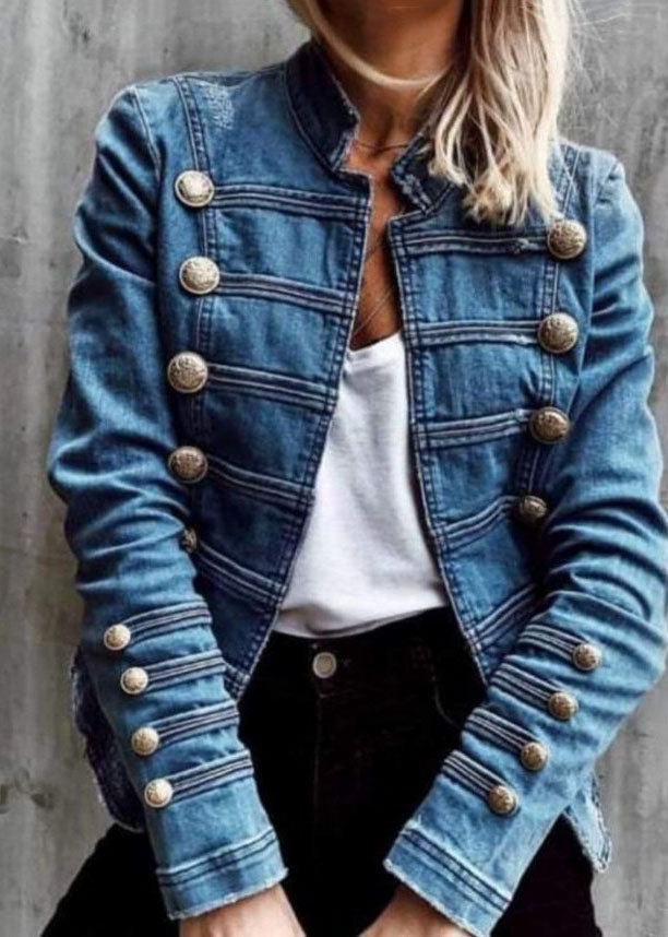 Style Blue Double Breast Patchwork Slim Fit Denim Coat