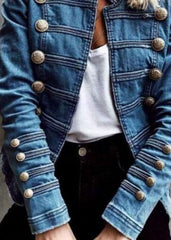 Style Blue Double Breast Patchwork Slim Fit Denim Coat