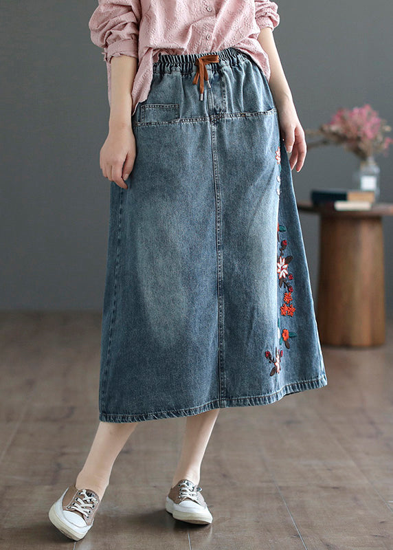 Style Blue Embroideried Patchwork Elastic Waist Denim A Line Skirts