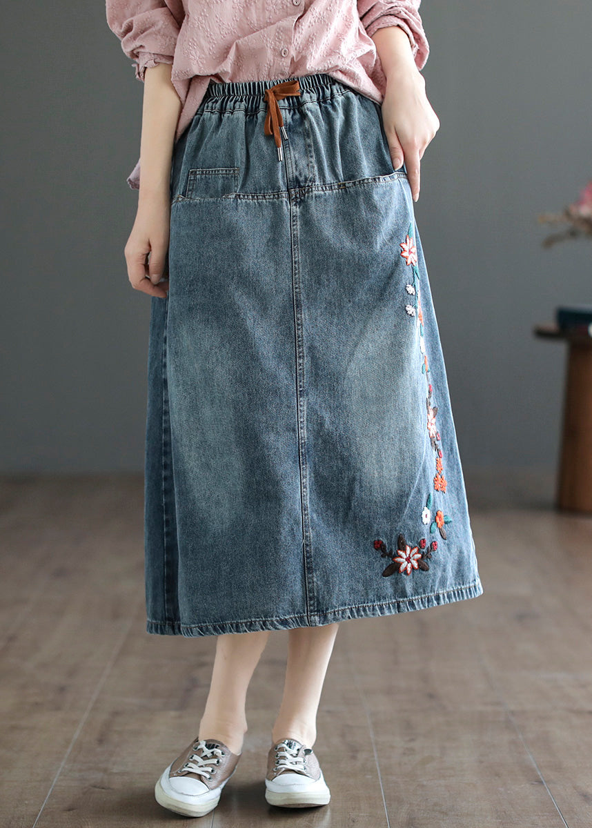 Style Blue Embroideried Patchwork Elastic Waist Denim A Line Skirts