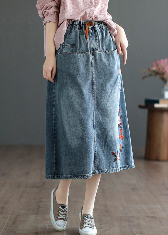 Style Blue Embroideried Patchwork Elastic Waist Denim A Line Skirts